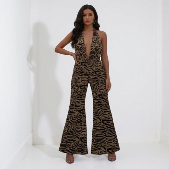 PrettyLittleThing Pants - PRETTY LITTLE THING Black Brown Sheer Velvet Zebra Print Halter Jumpsuit XSmall